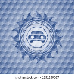 car seen from front icon inside blue hexagon emblem.
