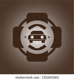 car seen from front icon inside realistic wood emblem