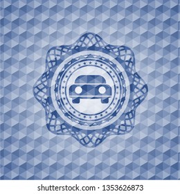 car seen from front icon inside blue polygonal emblem.