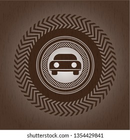 car seen from front icon inside retro style wooden emblem