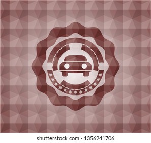 car seen from front icon inside red badge with geometric pattern background. Seamless.