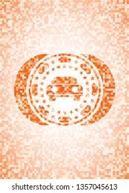 car seen from front icon inside orange mosaic emblem with background