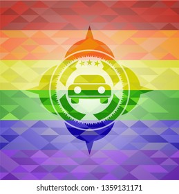 car seen from front icon inside emblem on mosaic background with the colors of the LGBT flag