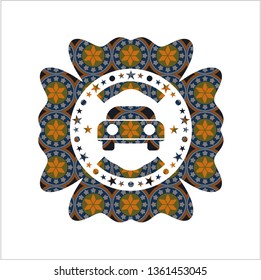 car seen from front icon inside arabic badge background. Arabesque decoration.