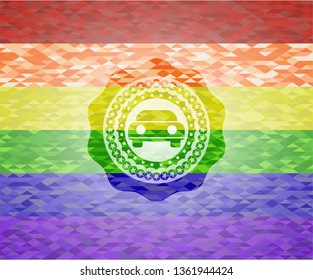 car seen from front icon inside emblem on mosaic background with the colors of the LGBT flag