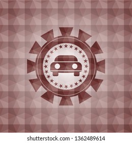 car seen from front icon inside red badge with geometric pattern. Seamless.