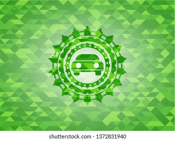 car seen from front icon inside green emblem with mosaic background
