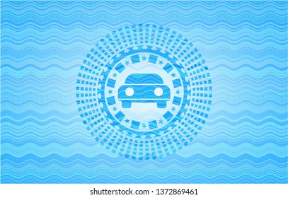 car seen from front icon inside light blue water style badge.