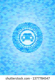 car seen from front icon inside light blue emblem. Mosaic background
