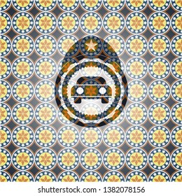 car seen from front icon inside arabesque badge background. arabic decoration.