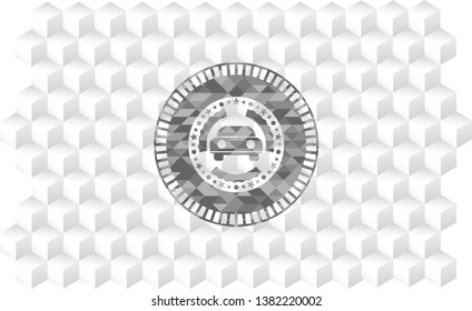 car seen from front icon inside retro style grey emblem with geometric cube white background