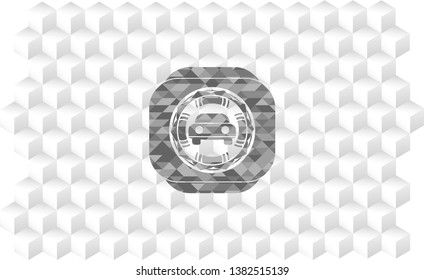 car seen from front icon inside grey emblem. Vintage with geometric cube white background