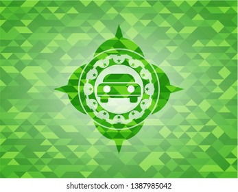 car seen from front icon inside green emblem with triangle mosaic background