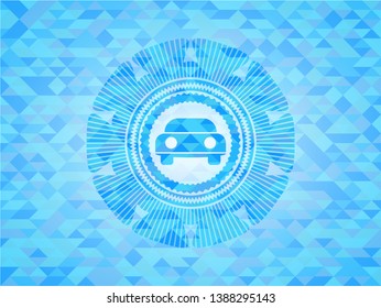 car seen from front icon inside realistic light blue mosaic emblem