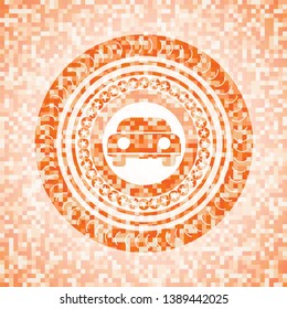 car seen from front icon inside orange tile background illustration. Square geometric mosaic seamless pattern with emblem inside.