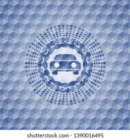 car seen from front icon inside blue badge with geometric pattern.