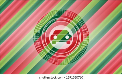 car seen from front icon inside christmas colors style badge.