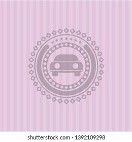 car seen from front icon inside pink emblem. Vintage.