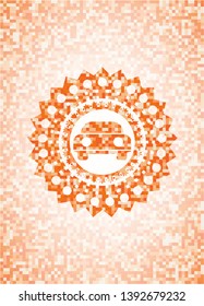 car seen from front icon inside orange mosaic emblem with background