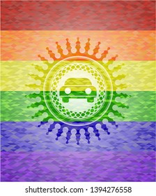 car seen from front icon inside emblem on mosaic background with the colors of the LGBT flag