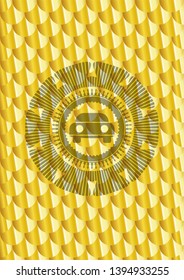 car seen from front icon inside gold shiny emblem. Scales pattern. Vector Illustration. Detailed.