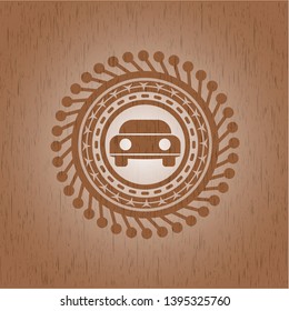 car seen from front icon inside realistic wooden emblem