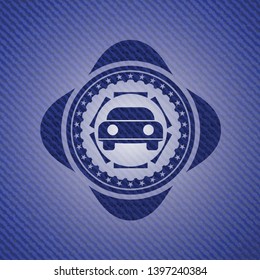 car seen from front icon inside emblem with denim texture
