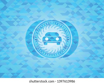 car seen from front icon inside realistic light blue mosaic emblem