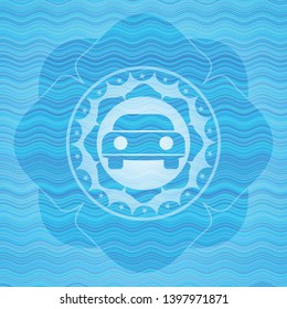 car seen from front icon inside light blue water wave emblem.