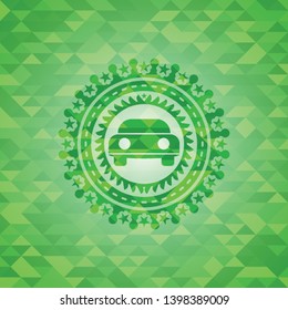 car seen from front icon inside green emblem with mosaic ecological style background