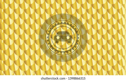 car seen from front icon inside golden badge. Scales pattern. Vector Illustration. Detailed.
