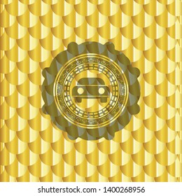 car seen from front icon inside gold shiny badge. Scales pattern. Vector Illustration. Detailed.