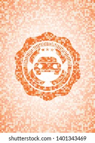 car seen from front icon inside orange tile background illustration. Square geometric mosaic seamless pattern with emblem inside.