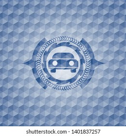 car seen from front icon inside blue polygonal emblem.