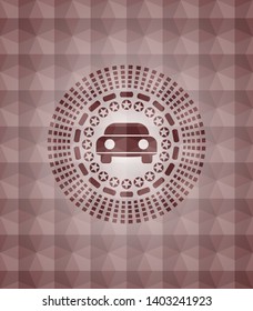 car seen from front icon inside red geometric pattern emblem. Seamless.