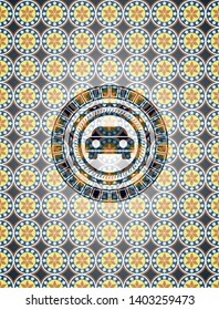car seen from front icon inside arabesque badge background. arabic decoration.