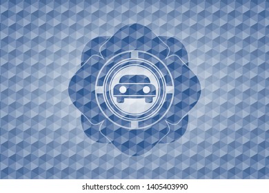 car seen from front icon inside blue hexagon badge.
