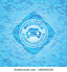 car seen from front icon inside sky blue emblem. Mosaic background