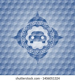 car seen from front icon inside blue emblem or badge with abstract geometric pattern background.