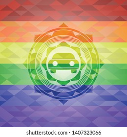 car seen from front icon inside emblem on mosaic background with the colors of the LGBT flag