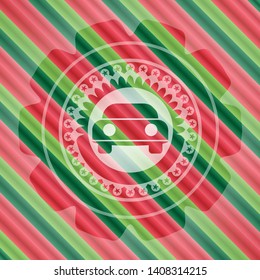 car seen from front icon inside christmas style emblem.