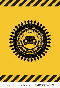 car seen from front icon inside warning sign, black grunge emblem. Vector Illustration. Detailed.