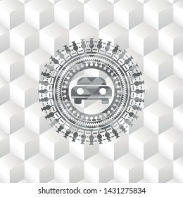 car seen from front icon inside retro style grey emblem with geometric cube white background