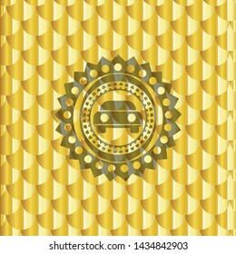 car seen from front icon inside gold emblem or badge. Scales pattern. Vector Illustration. Detailed.