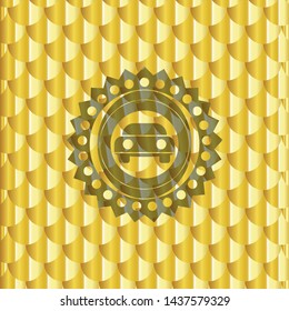 car seen from front icon inside gold emblem. Scales pattern. Vector Illustration. Detailed.