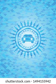 car seen from front icon inside sky blue emblem with mosaic ecological style background