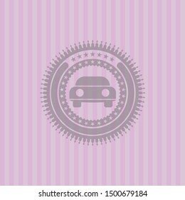 car seen from front icon inside pink emblem. Vintage.