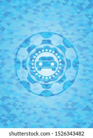 car seen from front icon inside light blue emblem with mosaic ecological style background