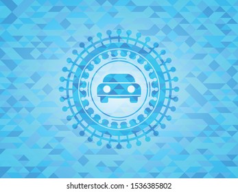 car seen from front icon inside sky blue emblem. Mosaic background