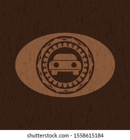 car seen from front icon inside vintage wooden emblem